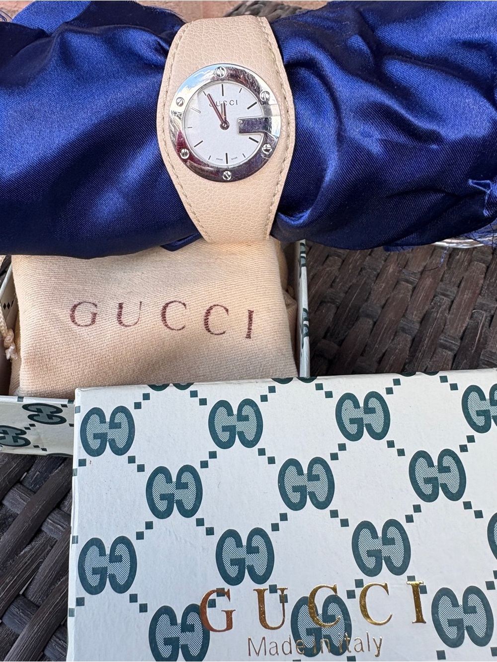 Gucci Beige Leather Cuff Watch with Silver Dial